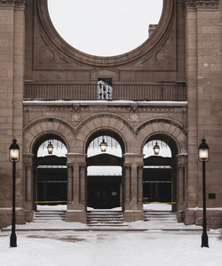 Entrance of historic cathedral in canada against sky