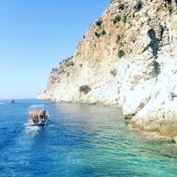 Scenic view of sea against clear blue sky