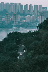 High angle view of street amidst buildings in city