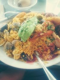 Close-up of served food on table