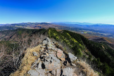 Scenic view of rocky mountains against blue sky