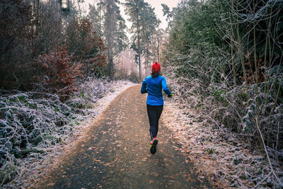 Rear view of girl running on footpath in forest