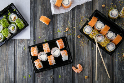 High angle view of sushi served on table