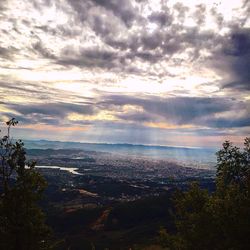 Aerial view of city against cloudy sky