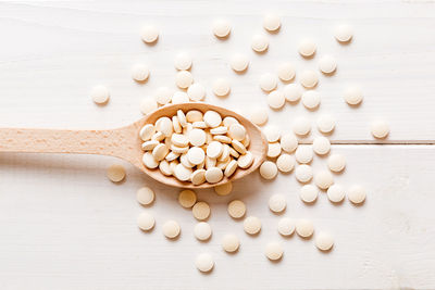 High angle view of pills on table