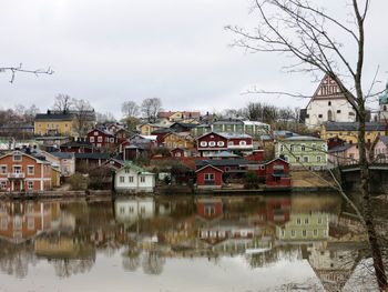 Reflection of houses in lake against sky