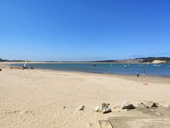 Scenic view of beach against clear blue sky