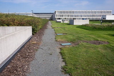 Footpath amidst grass against sky