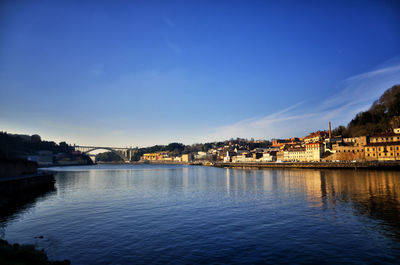 Bridge over river by buildings against blue sky