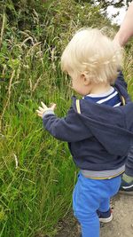 High angle view of boy on field