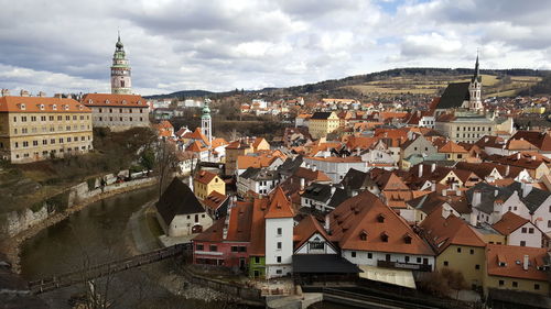 High angle view of buildings in town