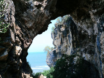 Scenic view of sea seen through cave