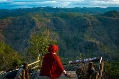 Rear view of woman sitting on wood against mountains