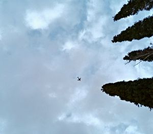 Low angle view of airplane flying against cloudy sky