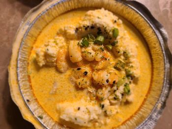 High angle view of soup in bowl