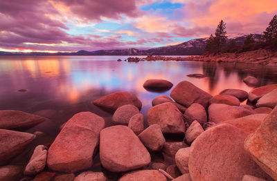 Scenic view of lake against sky during sunset