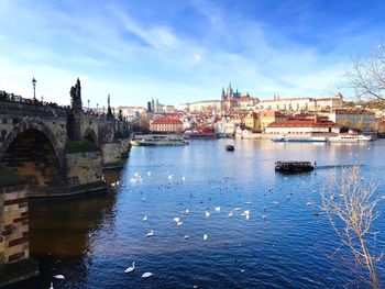 Scenic view of river against sky in city