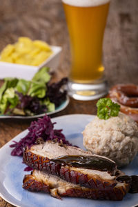 High angle view of food served on table