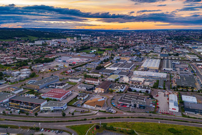 High angle view of townscape against sky during sunset