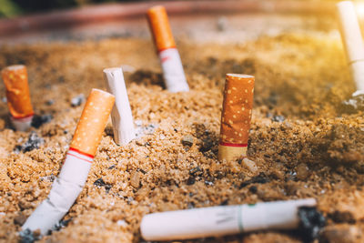 Close-up of cigarette butts in container outdoors