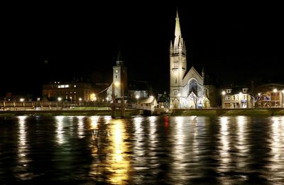 Facade of church at night