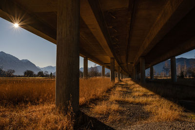 Bridge over road amidst field against sky