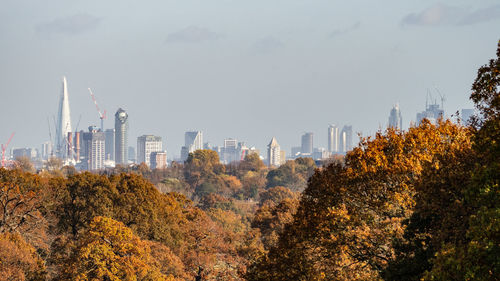 Panoramic view of trees and buildings against sky