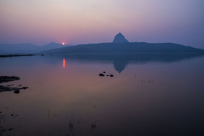 Scenic view of lake against sky during sunset