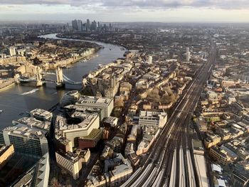 High angle view of buildings in city