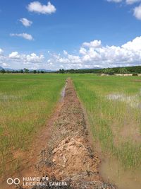 Scenic view of field against cloudy sky