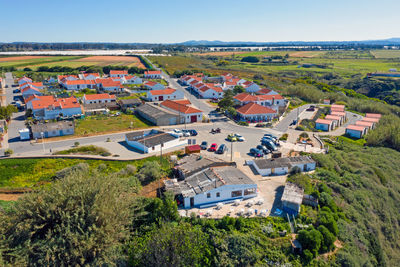 High angle view of houses in village