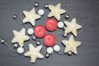 High angle view of christmas decorations on floor