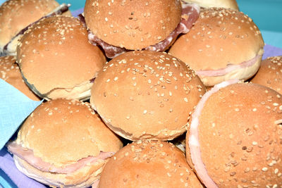 Close-up of hamburgers on table