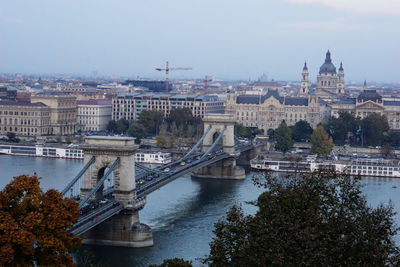 Chain bridge over river danube against sky