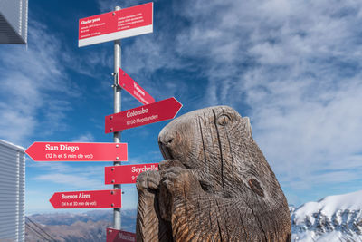 Sign with different cities in a snowy mountainous area with a giant wooden beaver in winter