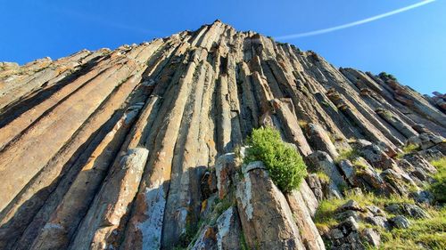 Low angle view of rock formation against clear blue sky