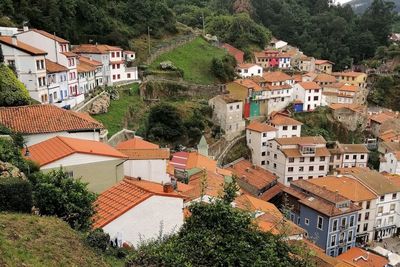 High angle view of buildings in the touristic town of cudillero, northern spain. 
