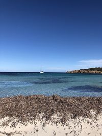 Scenic view of sea against clear blue sky