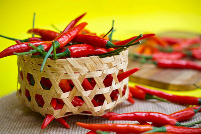 Close-up of red chili peppers in basket on table