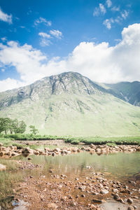 Scenic view of lake and mountains against sky