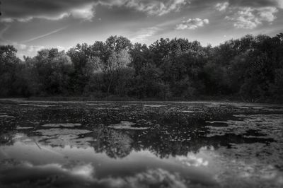 Scenic view of lake against cloudy sky
