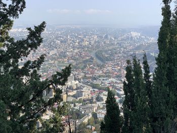 High angle view of trees and buildings against sky