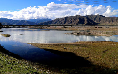 Scenic view of lake and mountains against sky