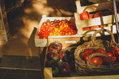 Fruits and vegetables for sale at market stall