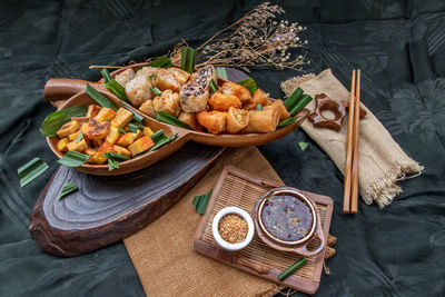 High angle view of food served on table