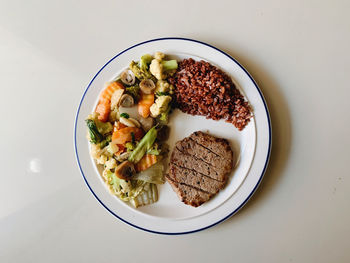 High angle view of breakfast served on table