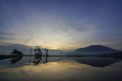 Scenic view of lake against sky during sunset