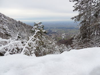 Scenic view of snow covered land against sky