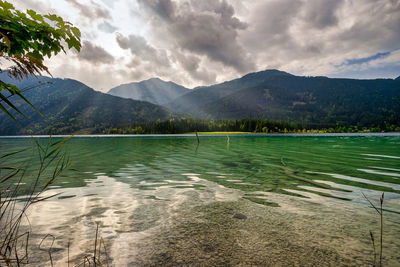 Scenic view of lake and mountains against sky