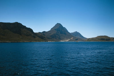Scenic view of mountains against clear blue sky